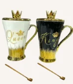 King Queen ceramic Mug with Crown Lid & Spoon.